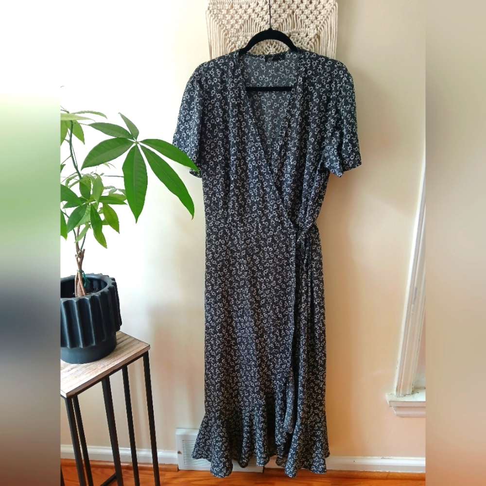 Black wrap dress with white flowers